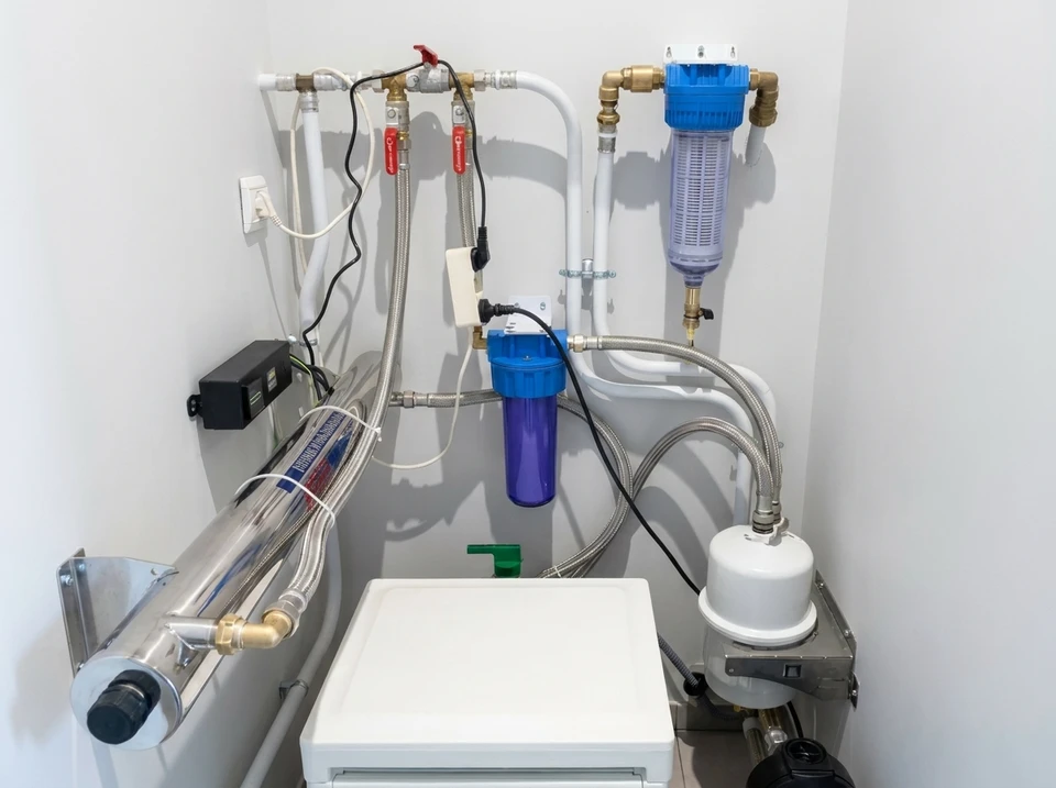 Intérieur carrelé blanc, main masculine manipulant un système de filtration d'eau